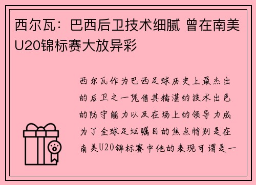 西尔瓦:巴西后卫技术细腻 曾在南美U20锦标赛大放异彩 西尔瓦:巴西后卫技术细腻 曾在南美U20锦标赛大放异彩
