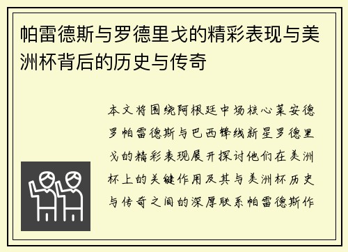 帕雷德斯与罗德里戈的精彩表现与美洲杯背后的历史与传奇